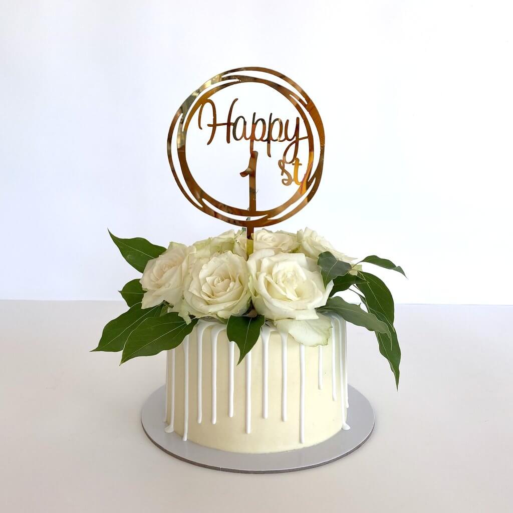 Acrylic Rose Gold Mirror Happy 1st Birthday Geometric Circle Cake Topper