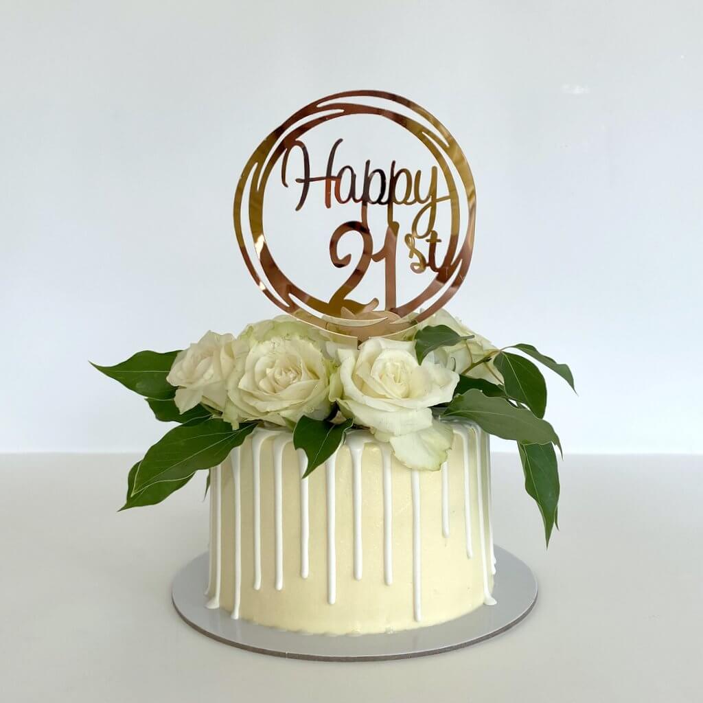 Acrylic Rose Gold Mirror Happy 21st Geometric Round Cake Topper ...