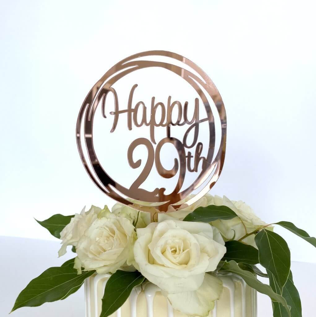 Acrylic Rose Gold Mirror Happy 29th Geometric Round Cake Topper