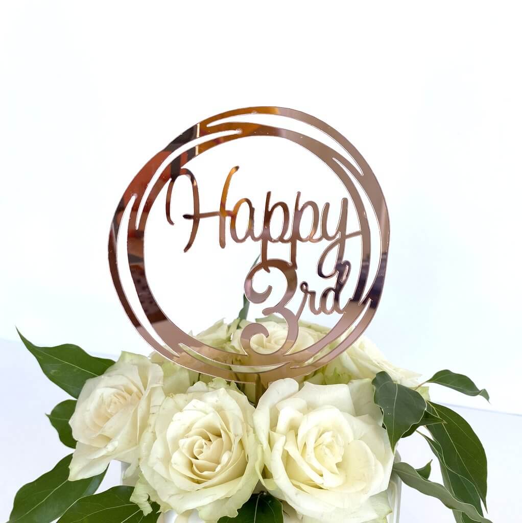Acrylic Rose Gold Mirror Happy 3rd Birthday Geometric Circle Cake Topper