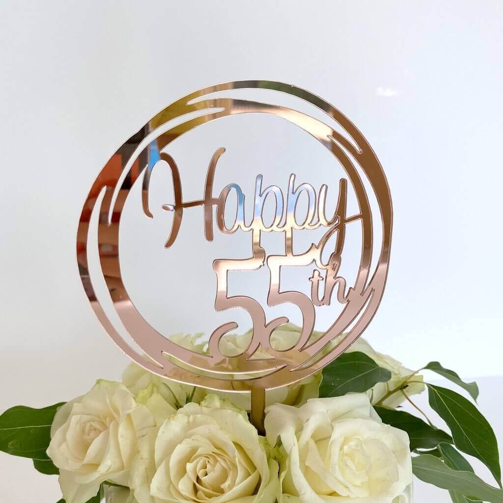 Acrylic Rose Gold Geometric Circle Happy 55th Cake Topper