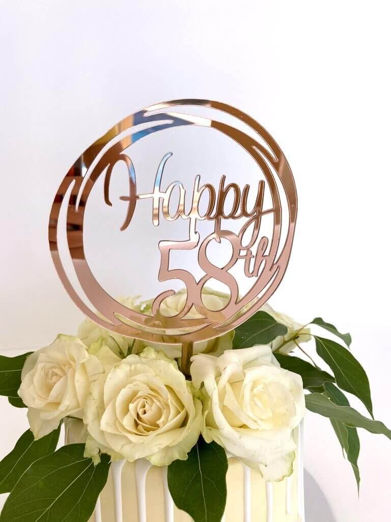 Acrylic Rose Gold Geometric Circle Happy 58th Cake Topper