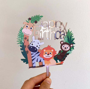 Acrylic Rose Gold Mirror Happy Birthday Jungle Animal Safari Cake Topper