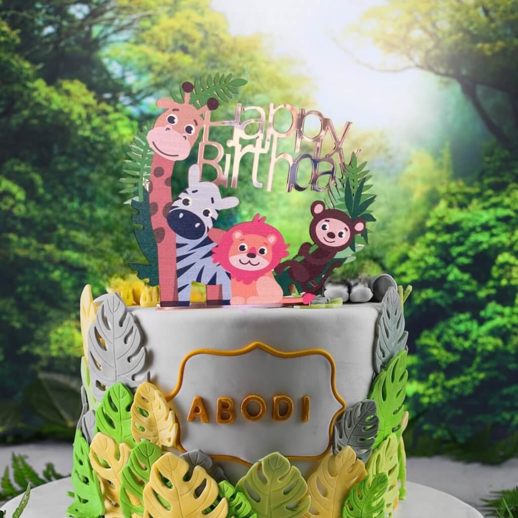Acrylic Rose Gold Mirror Happy Birthday Jungle Animal Safari Cake Topper