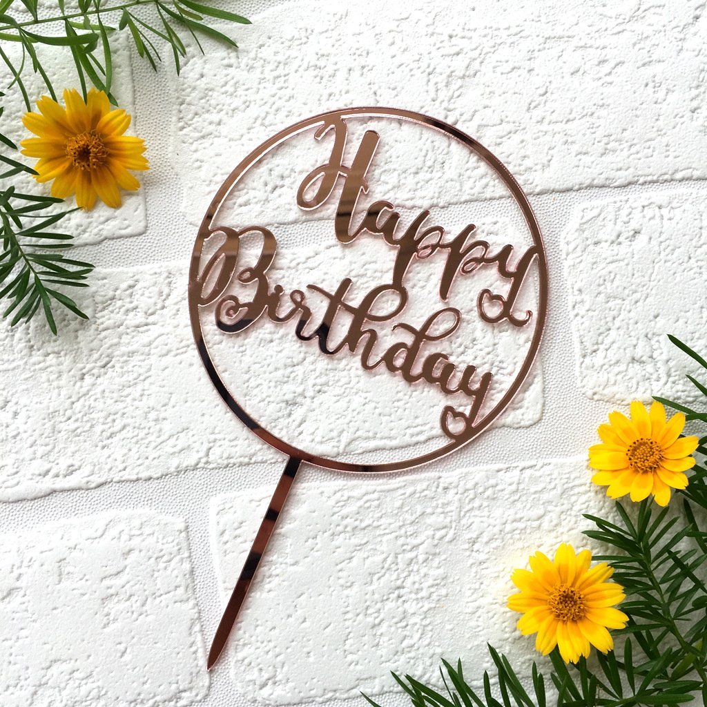 Acrylic Rose Gold Mirror Happy Birthday Round Cake Topper - Online Party Supplies