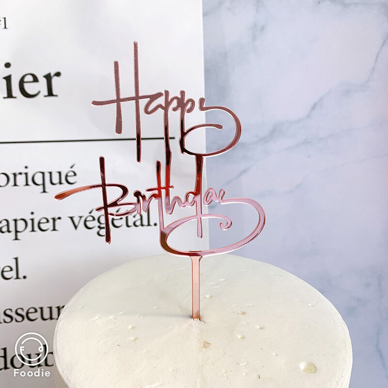 Rose Gold Mirror Happy Birthday Calligraphy Cursive Cake Topper