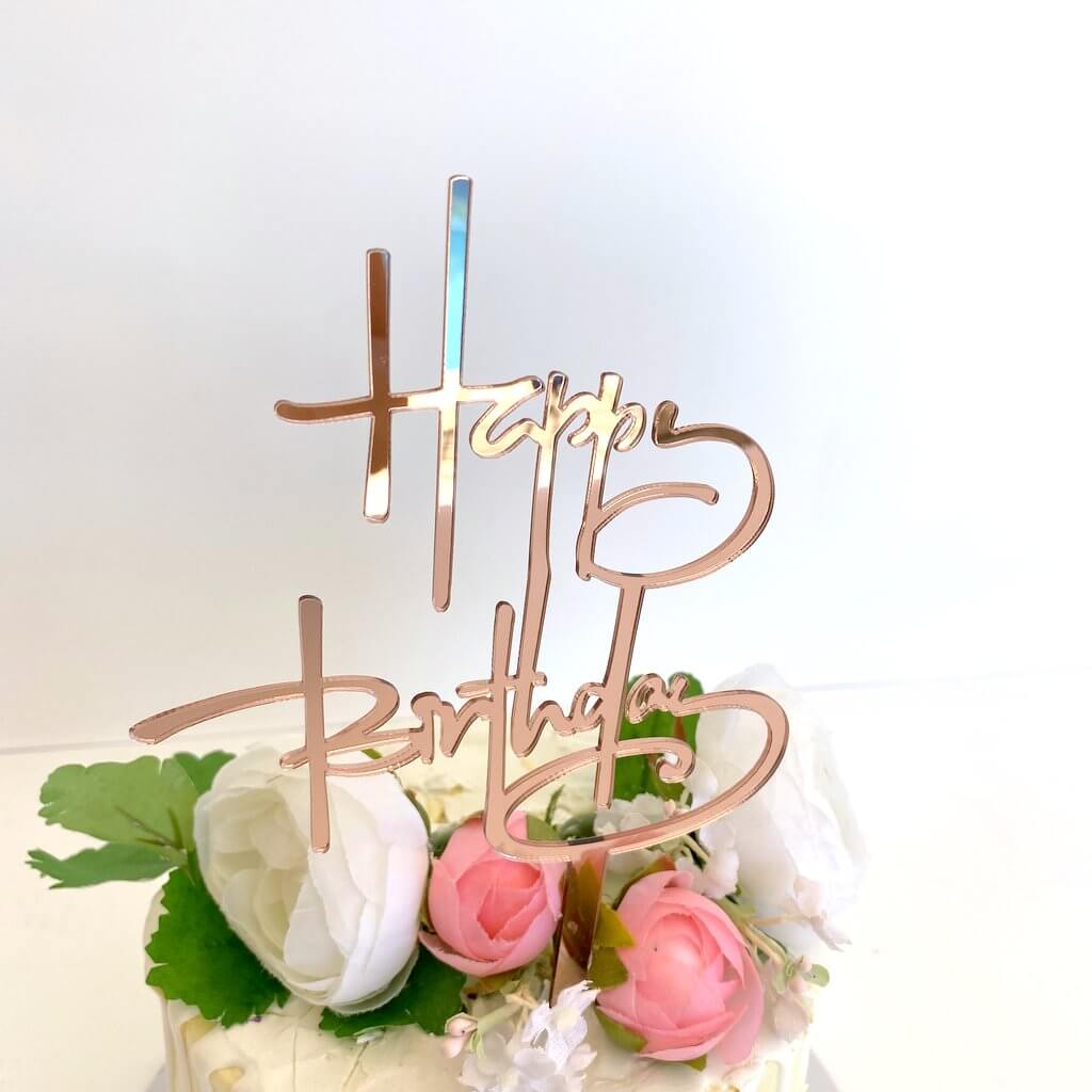 Rose Gold Mirror Happy Birthday Calligraphy Cursive Cake Topper