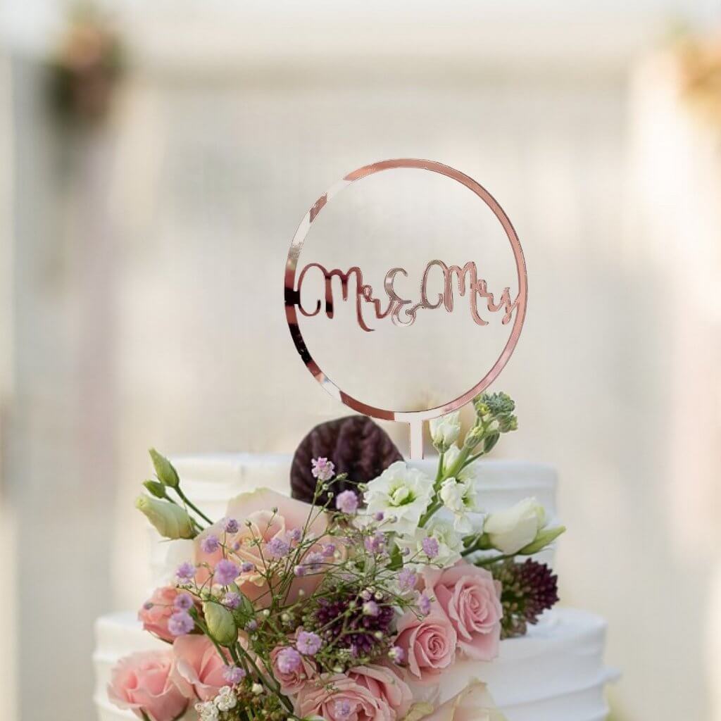 Acrylic Rose Gold Mirror 'Mr and Mrs' Loop Wedding Engagement Bridal Shower Cake Topper