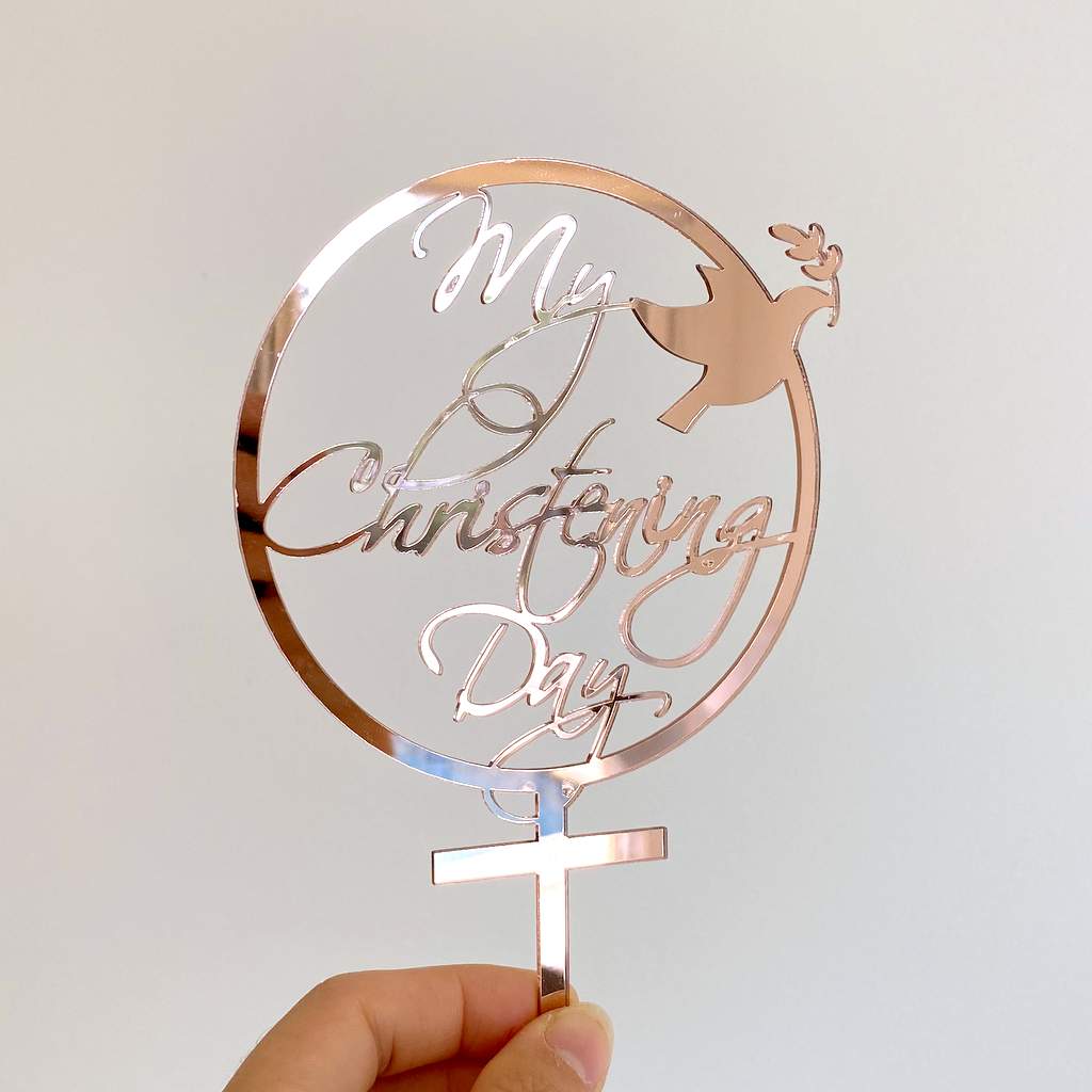 Acrylic Rose Gold Mirror My Christening Day Dove Cake Topper - Christening / Baptism / Baby Shower Cake Decorations
