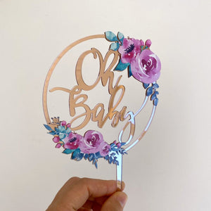 Acrylic Rose Gold Mirror Oh Baby Floral Loop Baby Shower Cake Topper