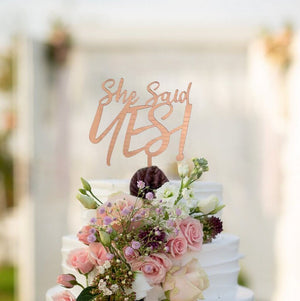 Acrylic Rose Gold Mirror 'She Said YES!' Engagement Cake Topper