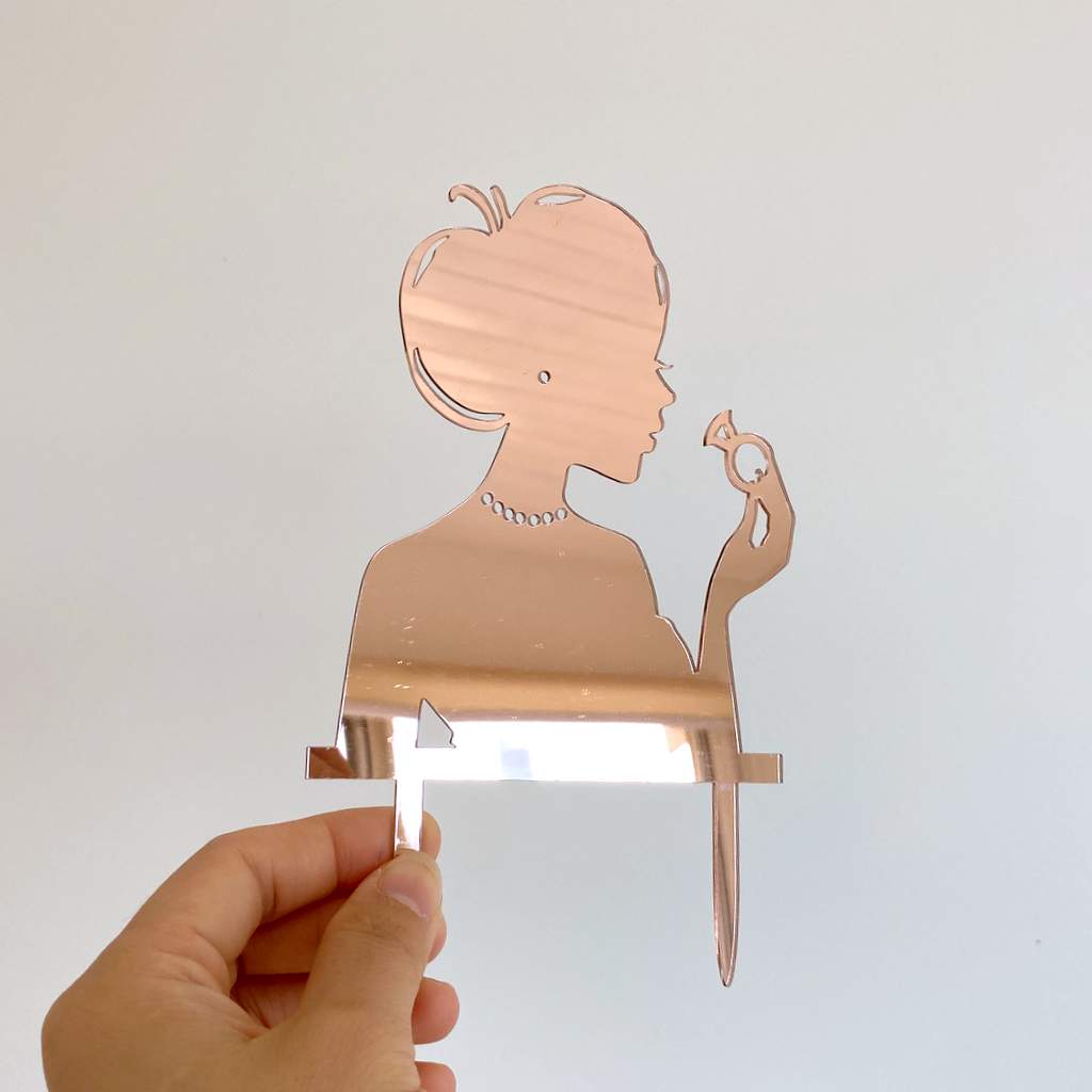 Acrylic Rose Gold Silhouette Bride Holding a Ring wedding Cake Topper