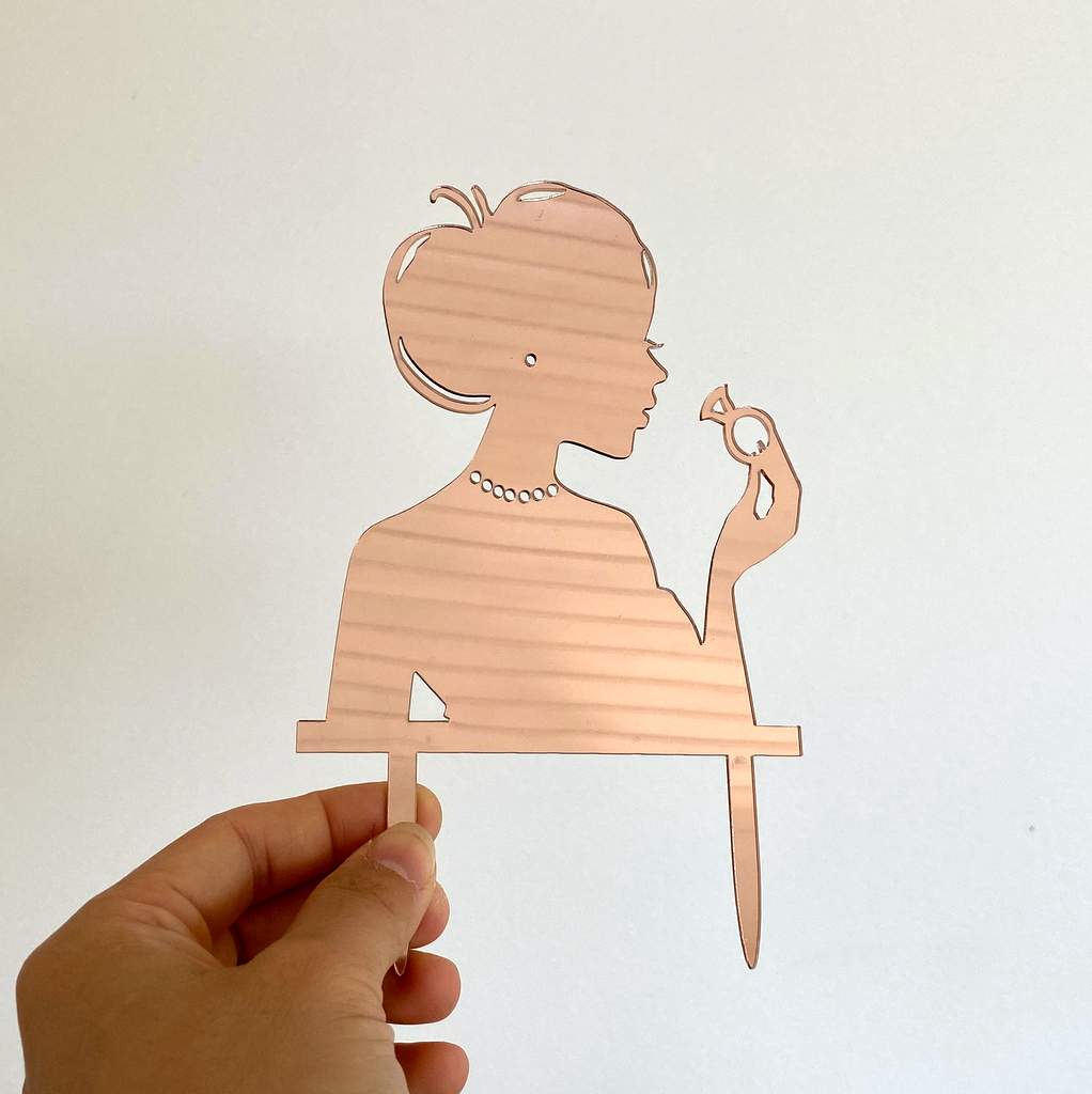 Acrylic Rose Gold Mirror Silhouette Bride Holding a Wedding Ring Cake Topper