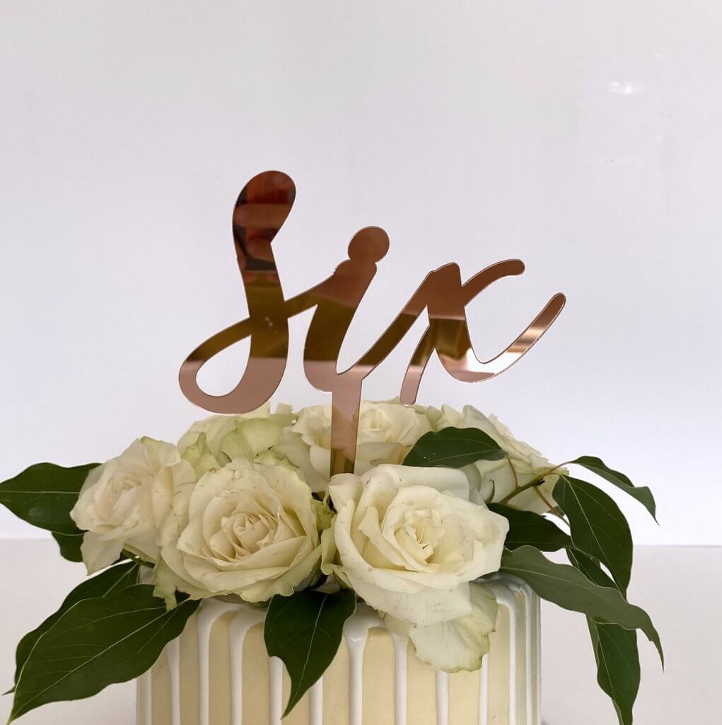 Acrylic Rose Gold Mirror 'six' Script Birthday Cake Topper