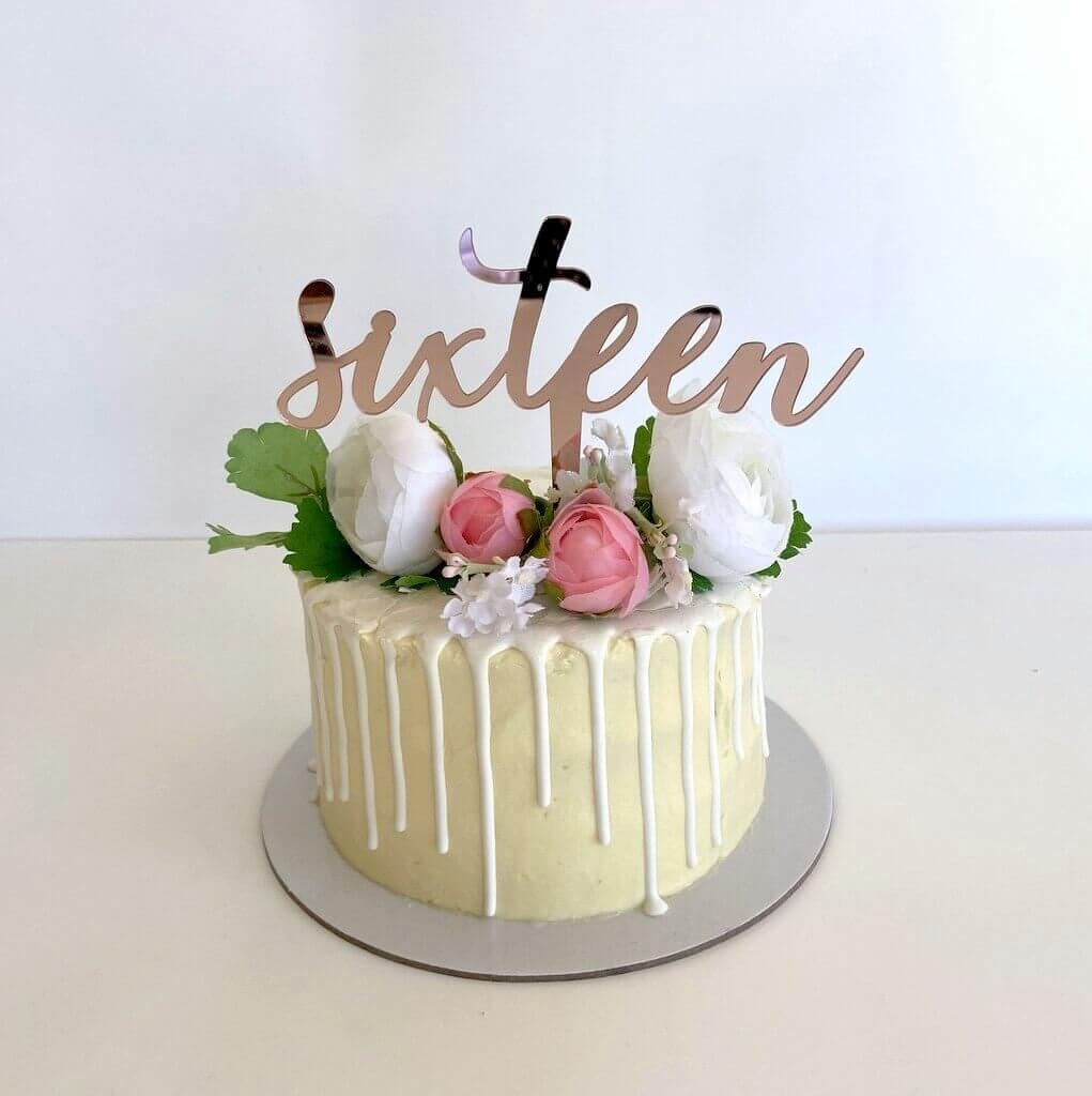 Acrylic Rose Gold Mirror 'Sixteen' Cake Topper - 16th Birthday Party Cake Decorations