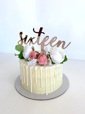 Acrylic Rose Gold Mirror 'Sixteen' Cake Topper - 16th Birthday Party Cake Decorations