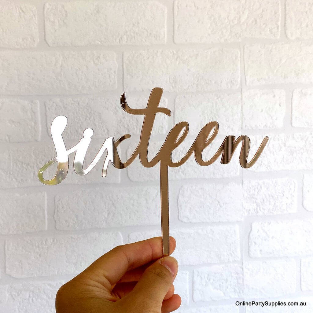 Acrylic Rose Gold Mirror 'Sixteen' Cake Topper - 16th Birthday Party Cake Decorations