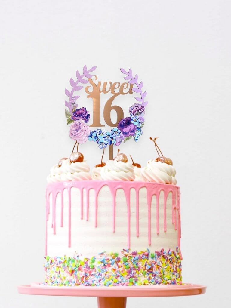 Rose Gold Mirror Sweet 16 Birthday Cake Topper