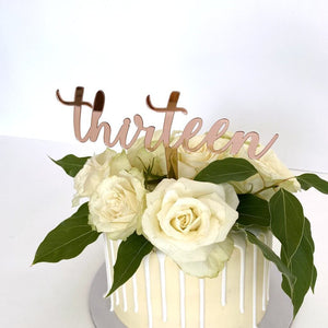 Acrylic Rose Gold Mirror 'Thirteen' Cake Topper - 13th Birthday Party Cake Decorations