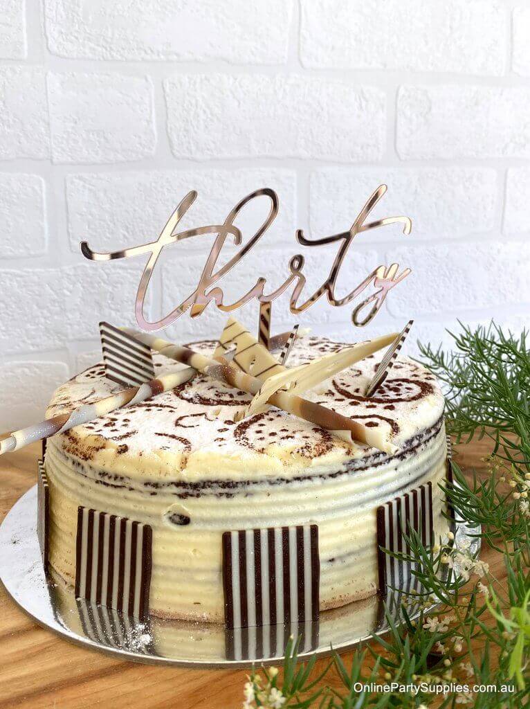 Acrylic Rose Gold Mirror 'Thirty' Cake Topper - 30th Birthday Party Cake Decorations