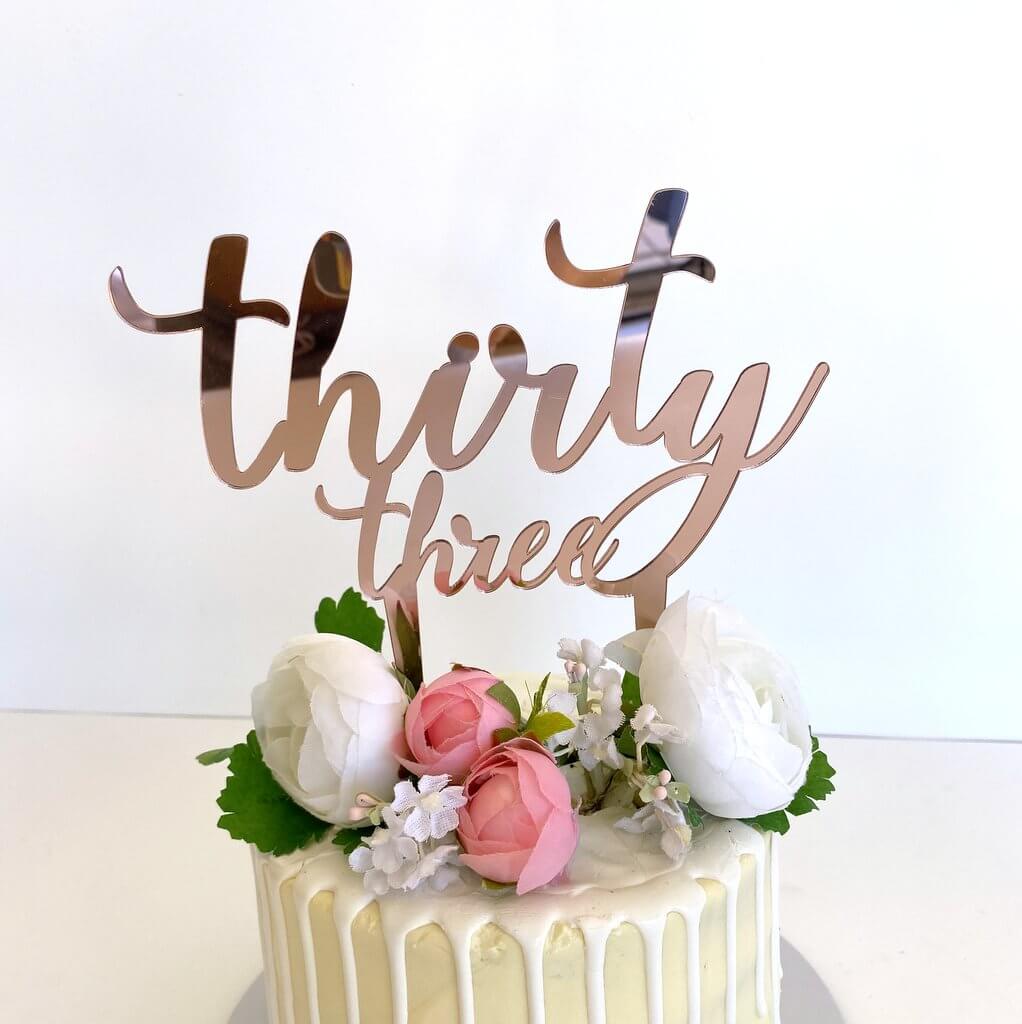 Acrylic Rose Gold Mirror 'thirty three' Birthday Cake Topper