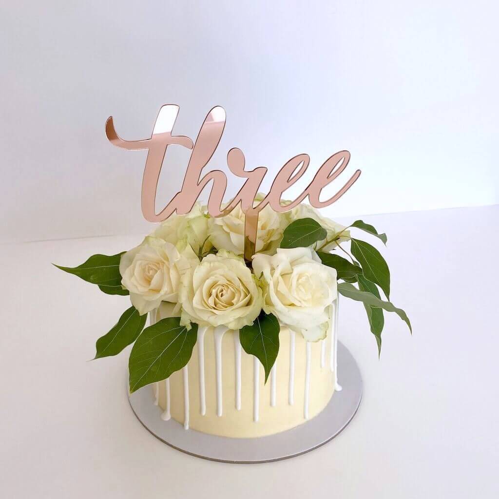 Acrylic Rose Gold Mirror 'Three' Birthday Cake Topper