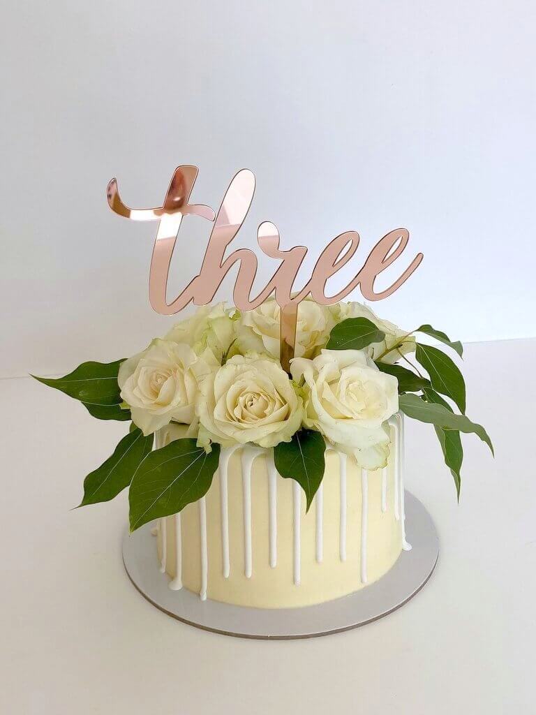 Acrylic Rose Gold Mirror 'Three' Birthday Cake Topper - Style A