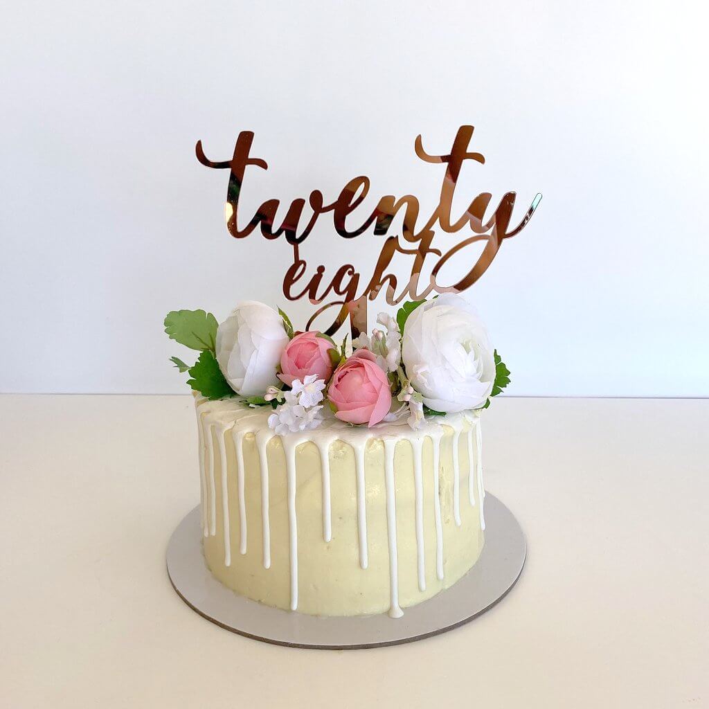 Acrylic Rose Gold Mirror 'twenty eight' Script Cake Topper