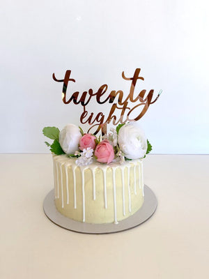 Acrylic Rose Gold Mirror 'twenty eight' Script Cake Topper