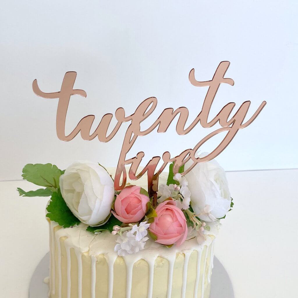 Acrylic Rose Gold Mirror 'twenty five' Script Cake Topper
