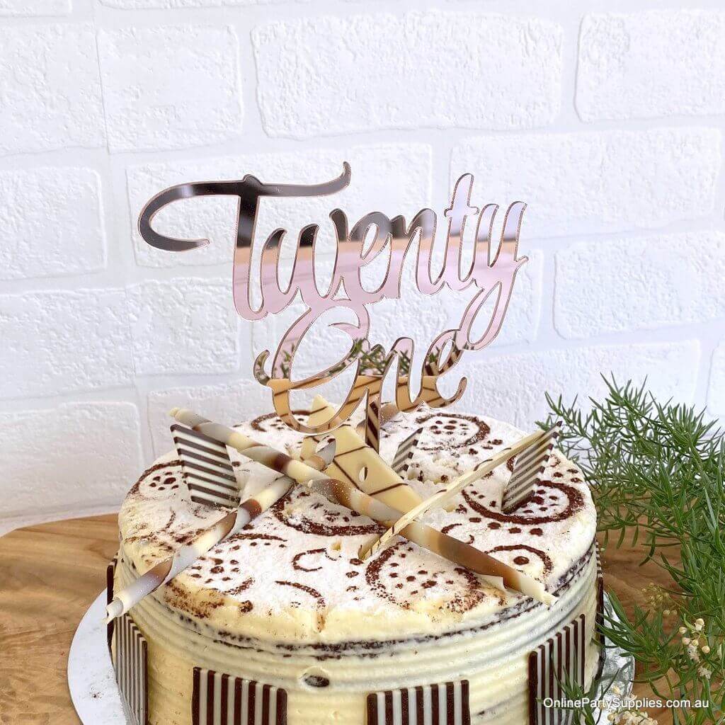 Acrylic Rose Gold Mirror 'Twenty One' Cake Topper - 21st Birthday Party Cake Decorations