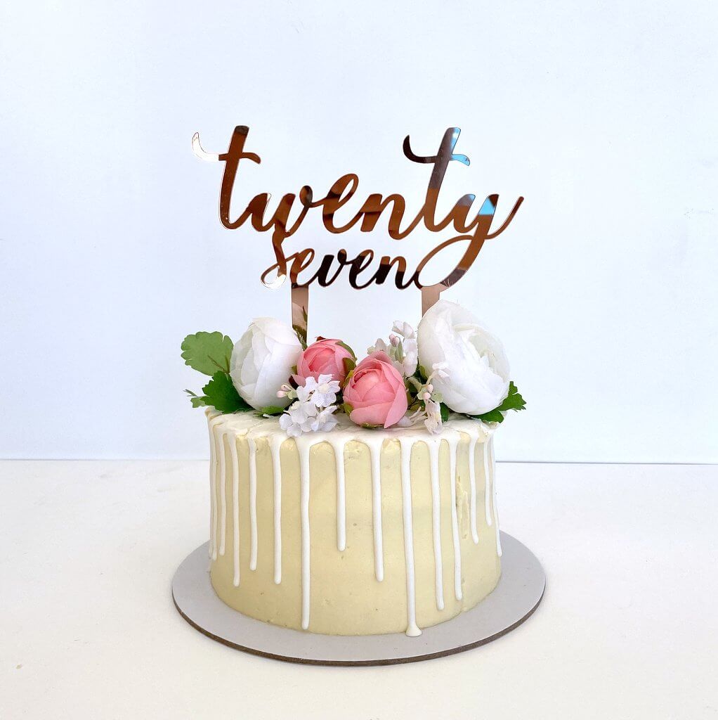 Acrylic Rose Gold Mirror 'twenty seven' Script Cake Topper