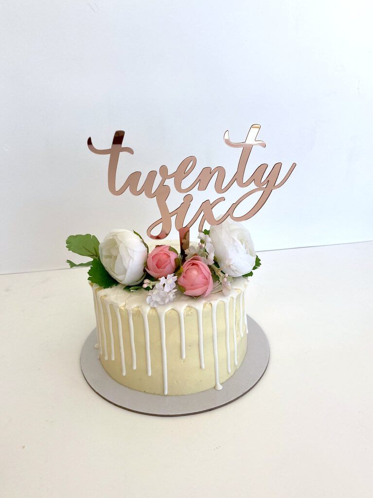 Acrylic Rose Gold Mirror 'twenty six' Script Cake Topper