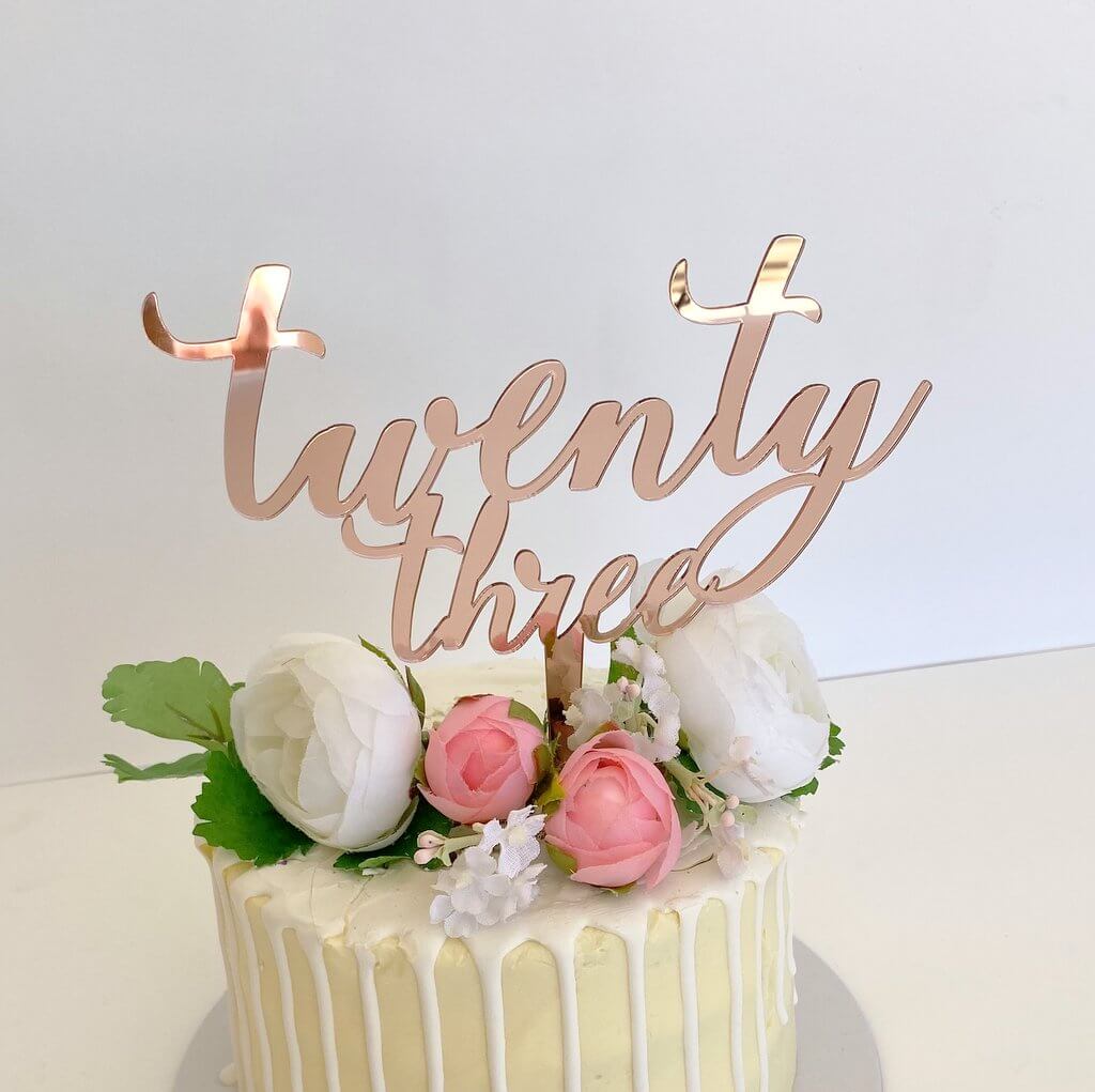 Acrylic Rose Gold Mirror 'twenty three' Script Cake Topper