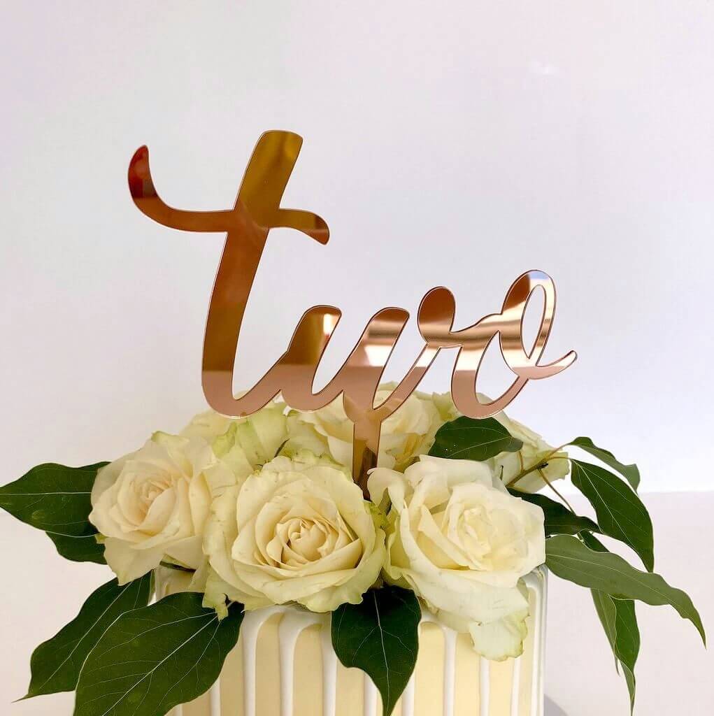 Acrylic Rose Gold Mirror 'Two' Birthday Cake Topper - Style A