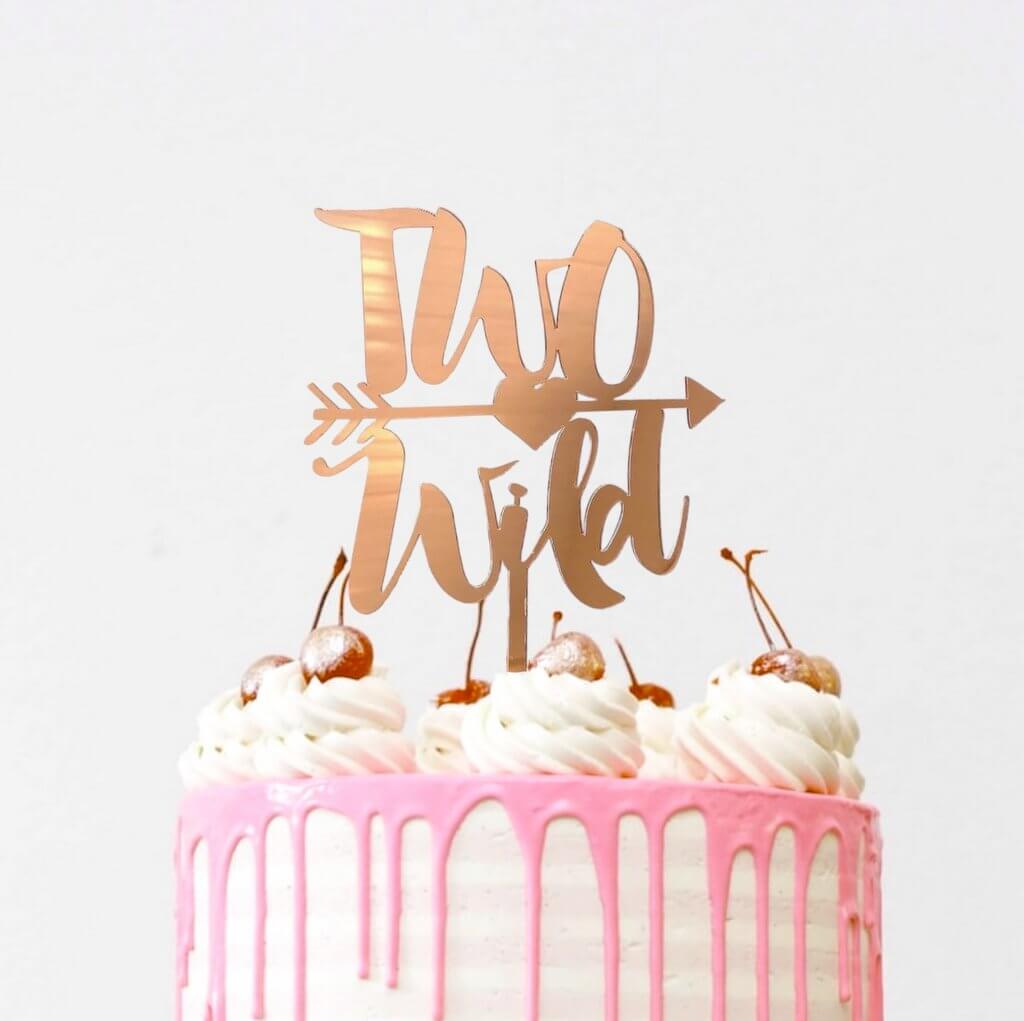 Rose Gold Mirror Acrylic 'Two Wild' with Arrow Cake Topper