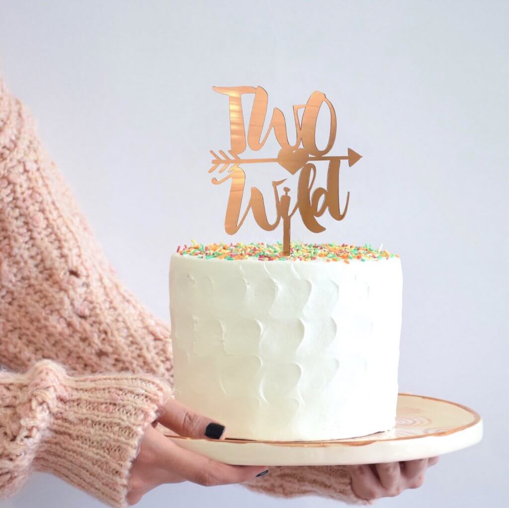 Rose Gold Mirror Acrylic 'Two Wild' with Arrow Cake Topper