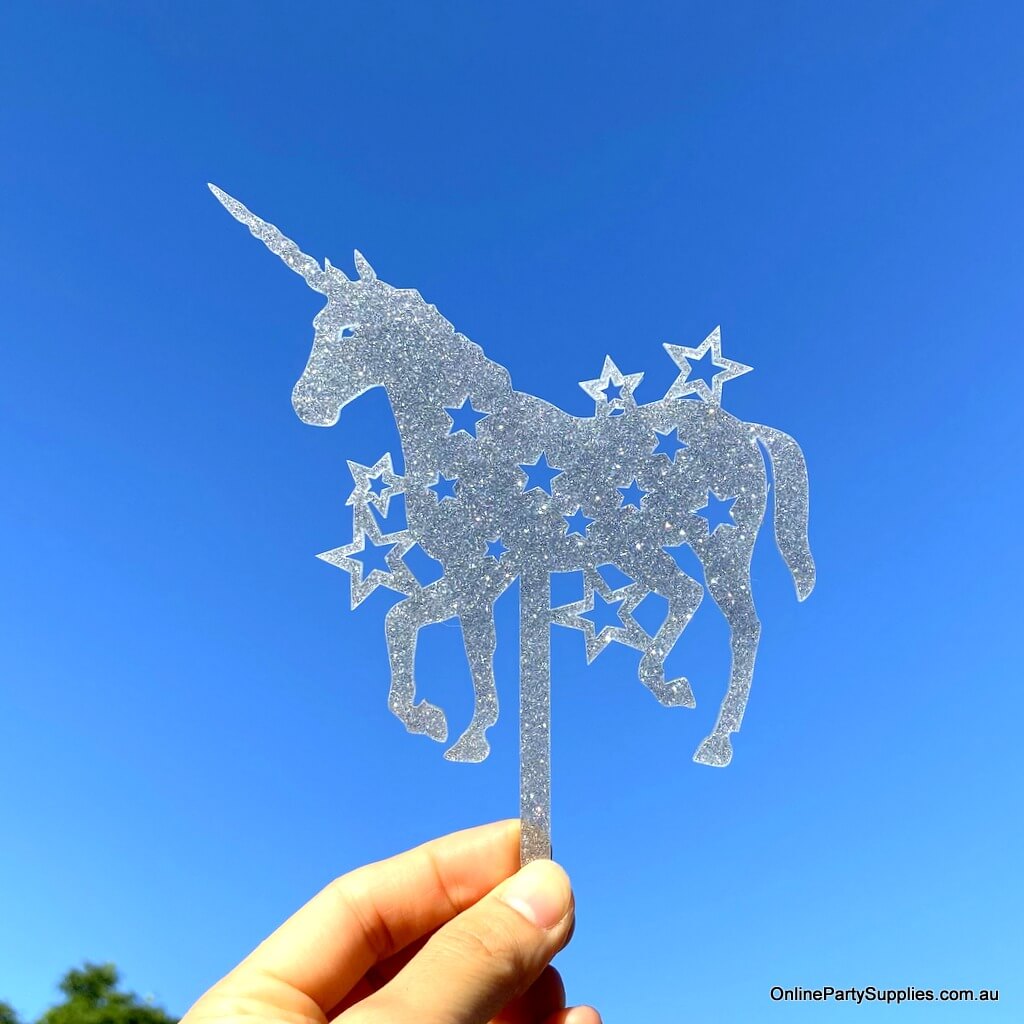 Online Party Supplies Australia acrylic silver glitter silhouette unicorn stars cake topper
