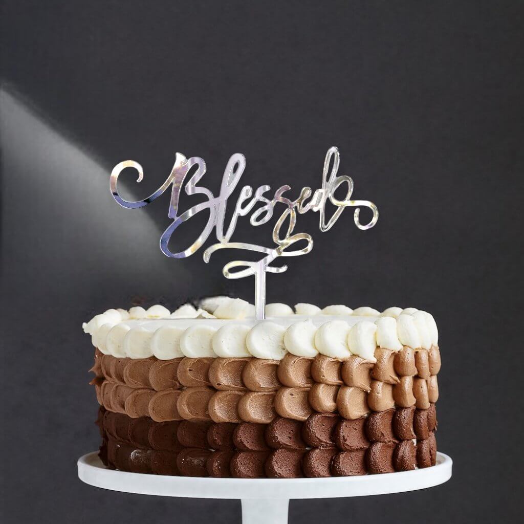 Acrylic Silver Mirror Blessed Cake Topper - Christening / Baptism / Baby Shower Cake Decorations