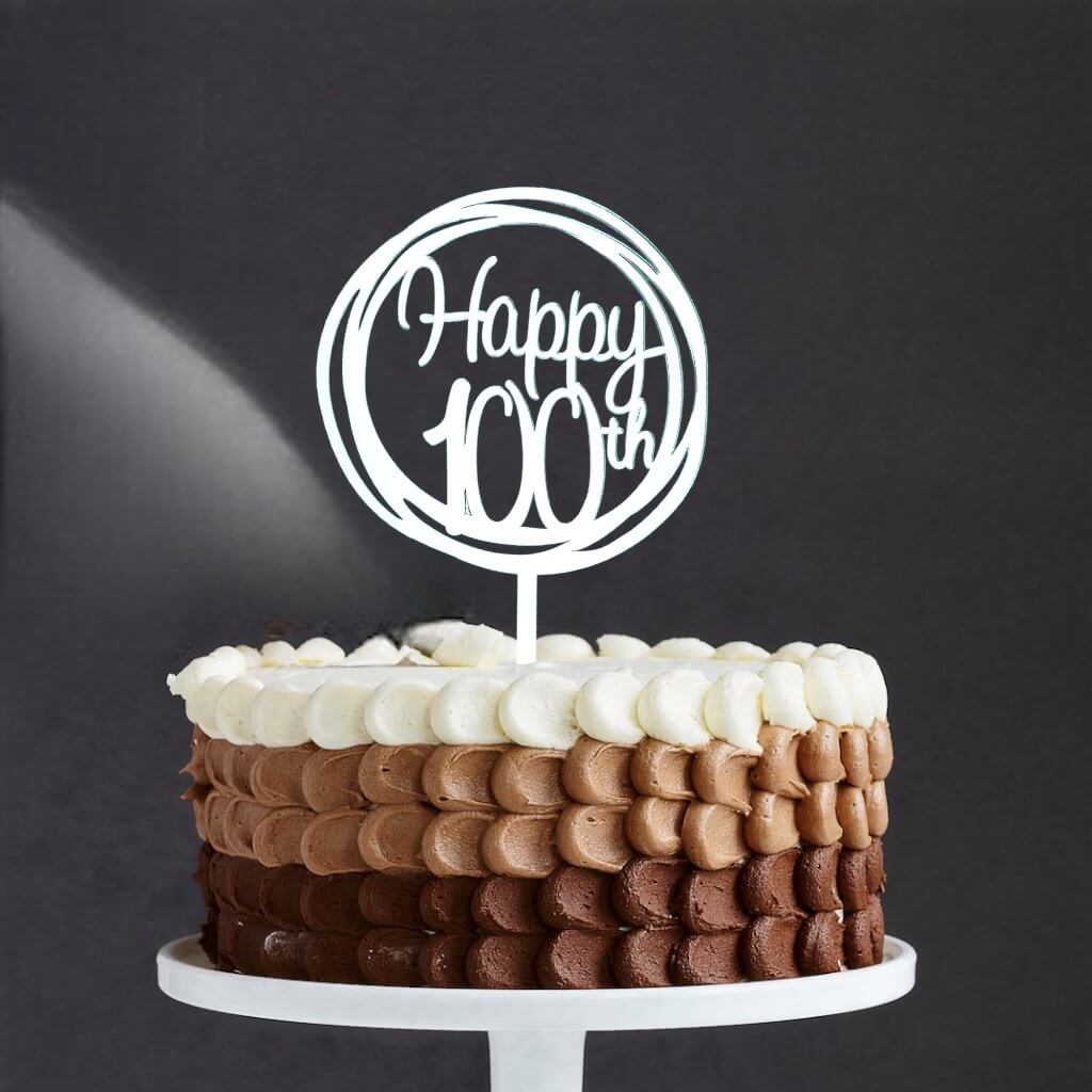 Acrylic Silver Mirror Geometric Circle Happy 100th Cake Topper