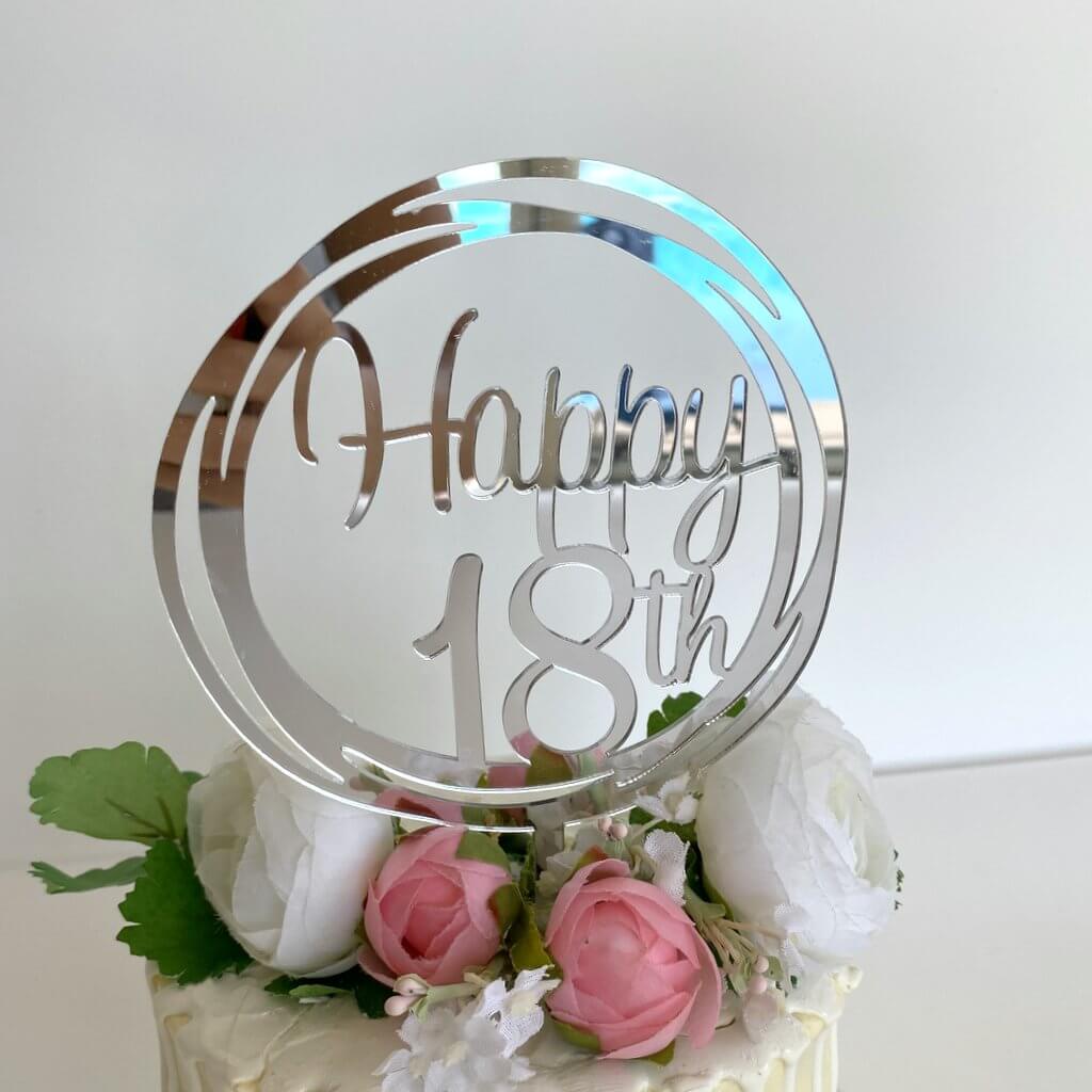 Acrylic Silver Mirror Geometric Happy 18th Cake Topper