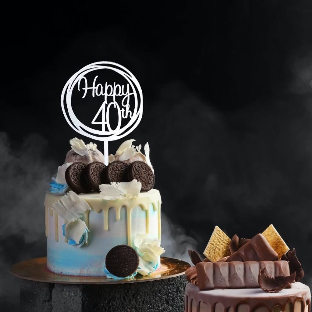 Acrylic Silver Mirror Geometric Circle Happy 40th Cake Topper