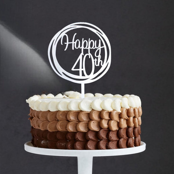 Silver Acrylic 'Happy 40th' Cake Topper Modern Geometric Design