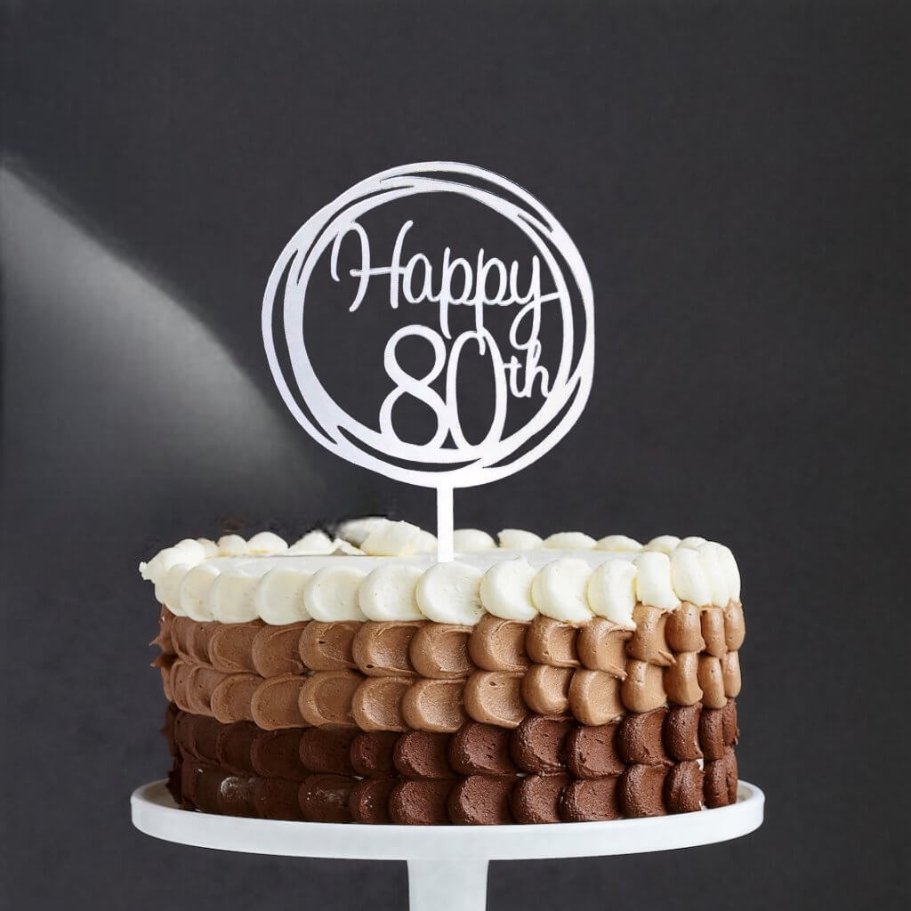 Acrylic Silver Mirror Geometric Circle 'Happy 80th' Cake Topper