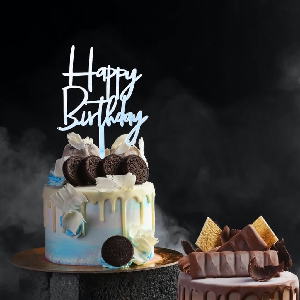 Silver Mirror Acrylic Happy Birthday Script Cake Topper - Style 2