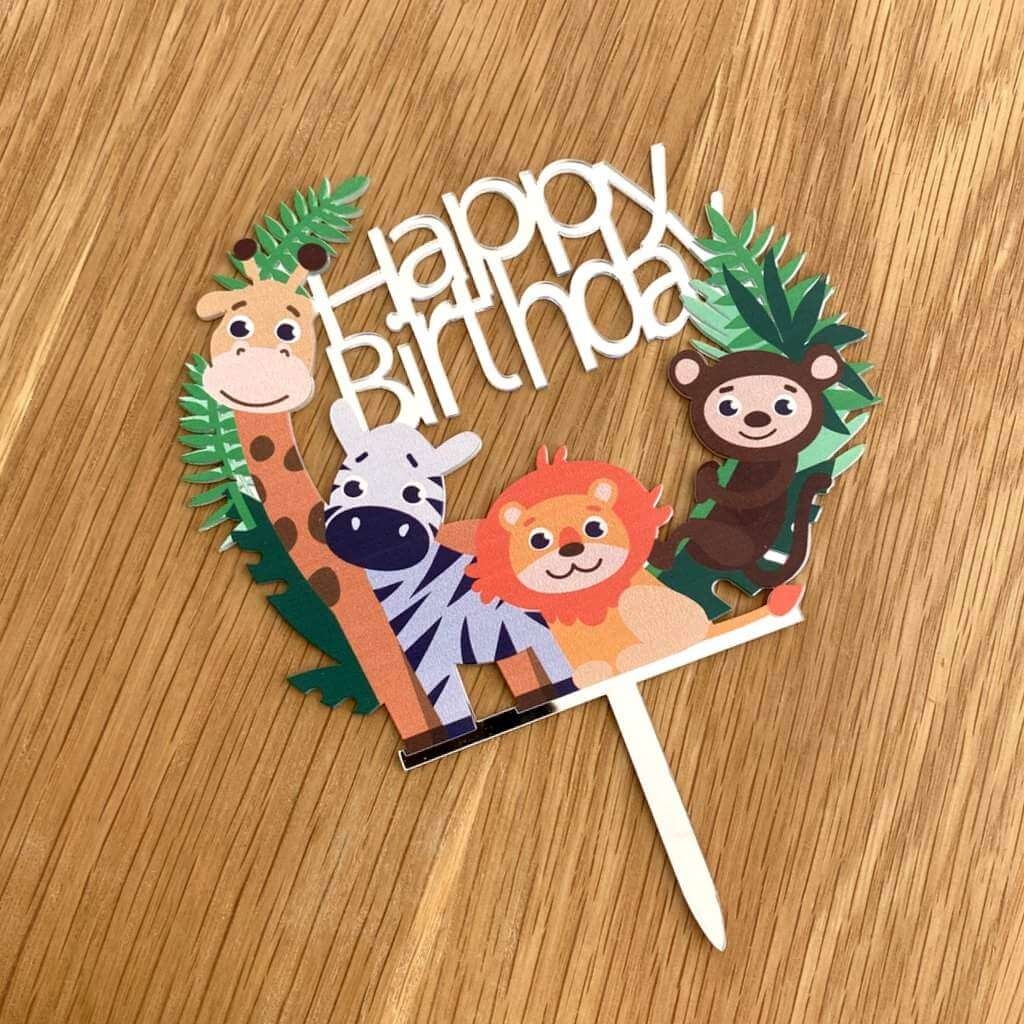 Acrylic Silver Mirror Happy Birthday Jungle Animal Safari Cake Topper