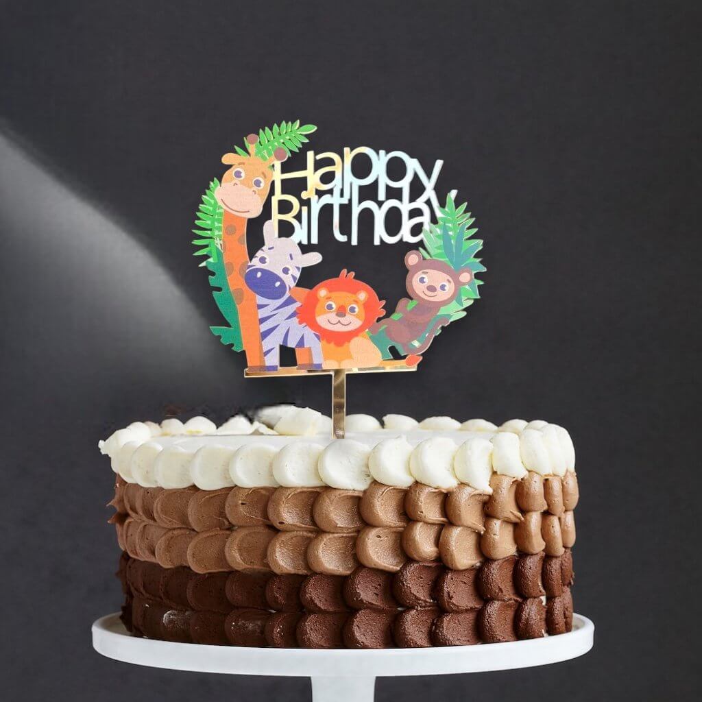 Acrylic Silver Mirror Happy Birthday Jungle Animal Safari Cake Topper