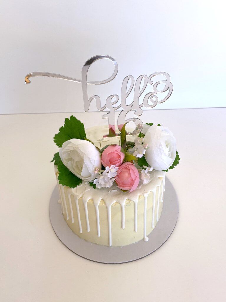 Acrylic Silver Mirror 'hello 16' Cake Topper