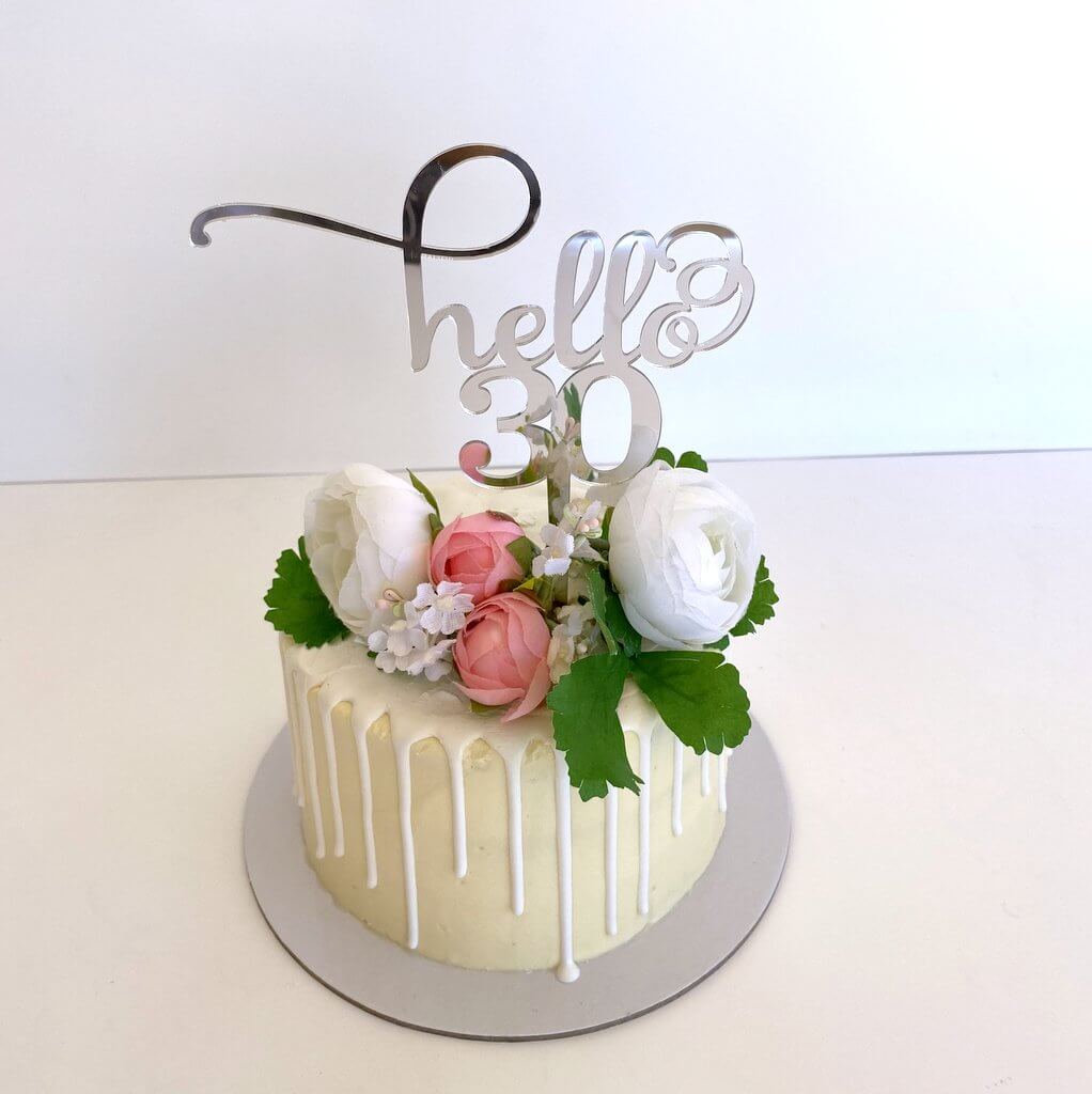Laser Cut Acrylic Silver Mirror Hello 30 Cake Topper