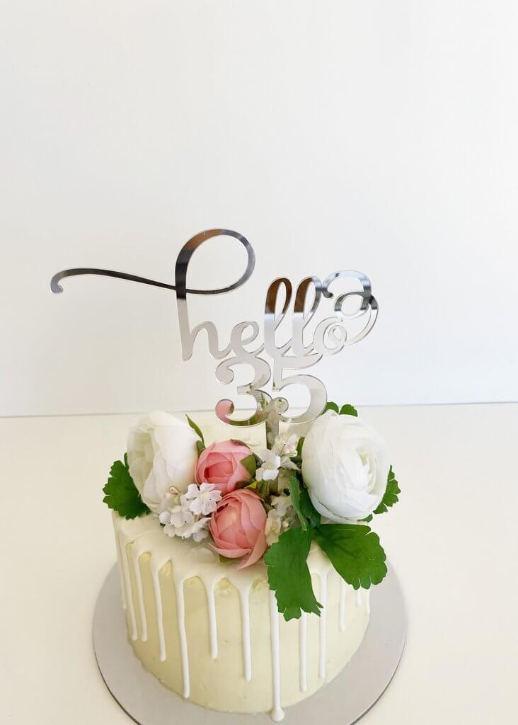 Acrylic Silver Mirror Hello 35 Cake Topper
